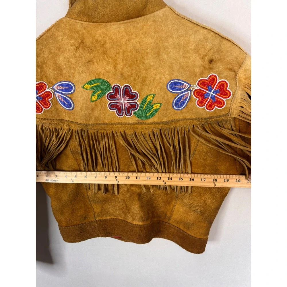 Vintage Buckskin Western Beaded Fringe Jacket Leather Floral Native Crop Women S - Picture 12 of 16